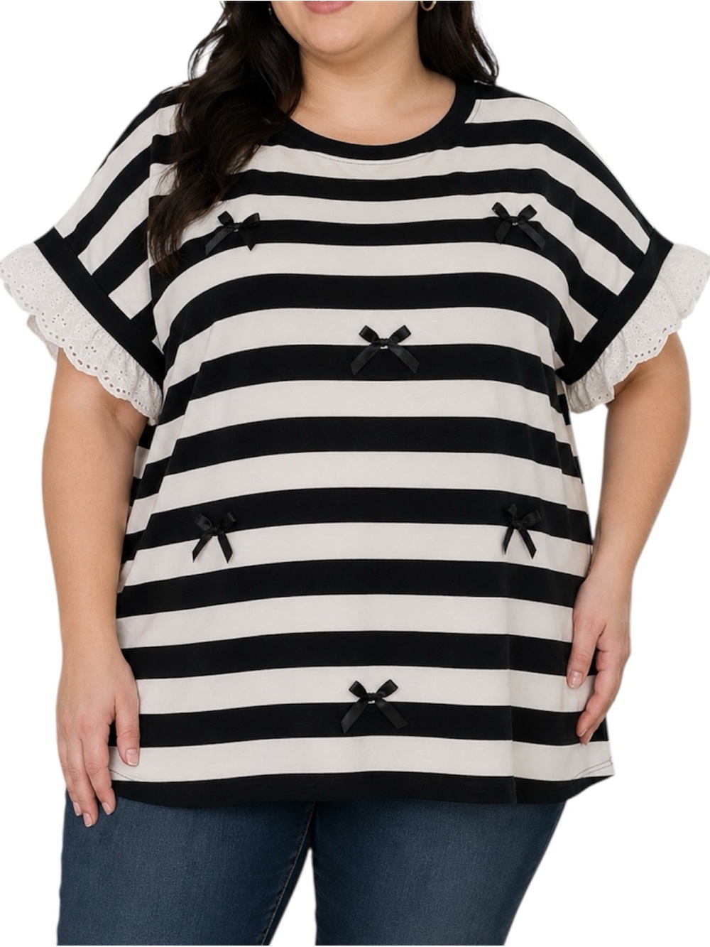 Oddi 1XL Black White Striped Bow Eyelet Lace Ruffle Sleeve Top NWT Plus Size